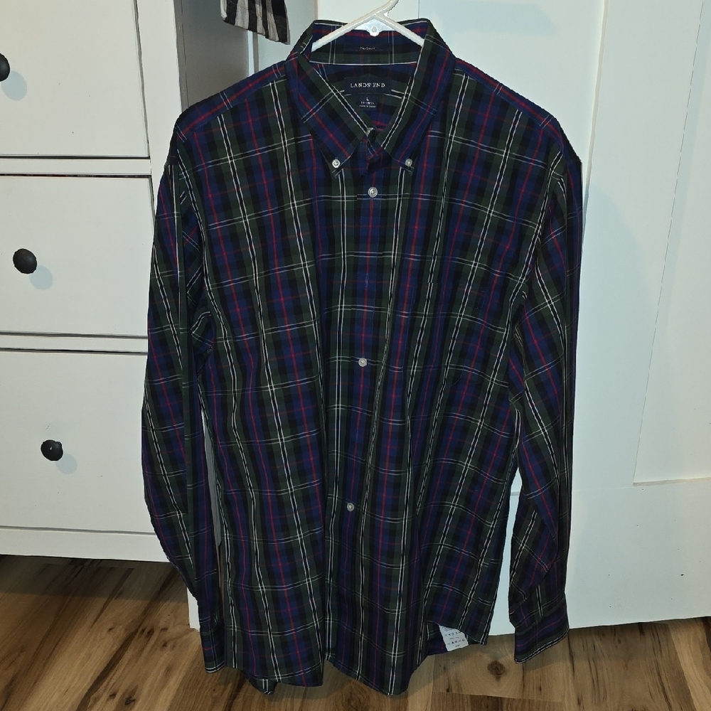Lands' End Men's Plaid Button-Down Shirt — Black, Blue & Green